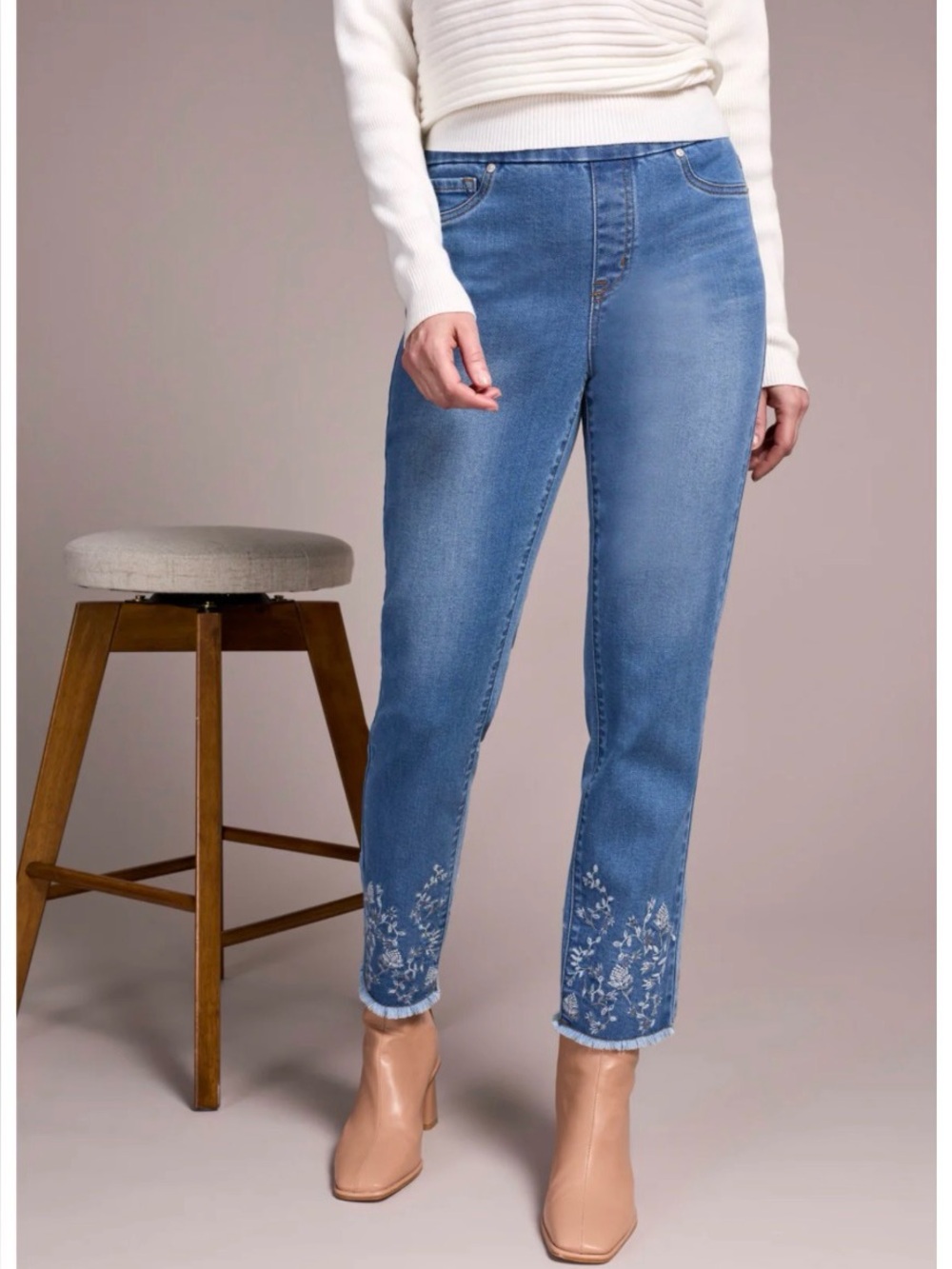 Tribal Blue Embroidered Ankle Crop Jeans